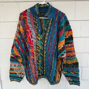 COOGI Vintage 3D Knit Multicolor Wool Henley Button Sweater size Large